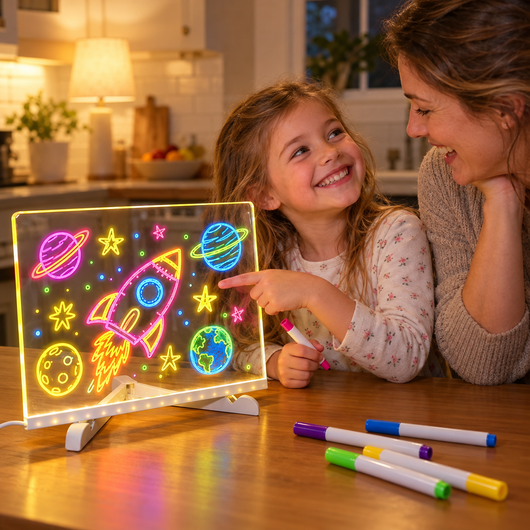 Avelo Glow Board – girl drawing glowing rocket with mum